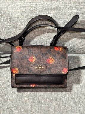 Coach Floral Signature Crossbody Bag in Brown with Red Accents